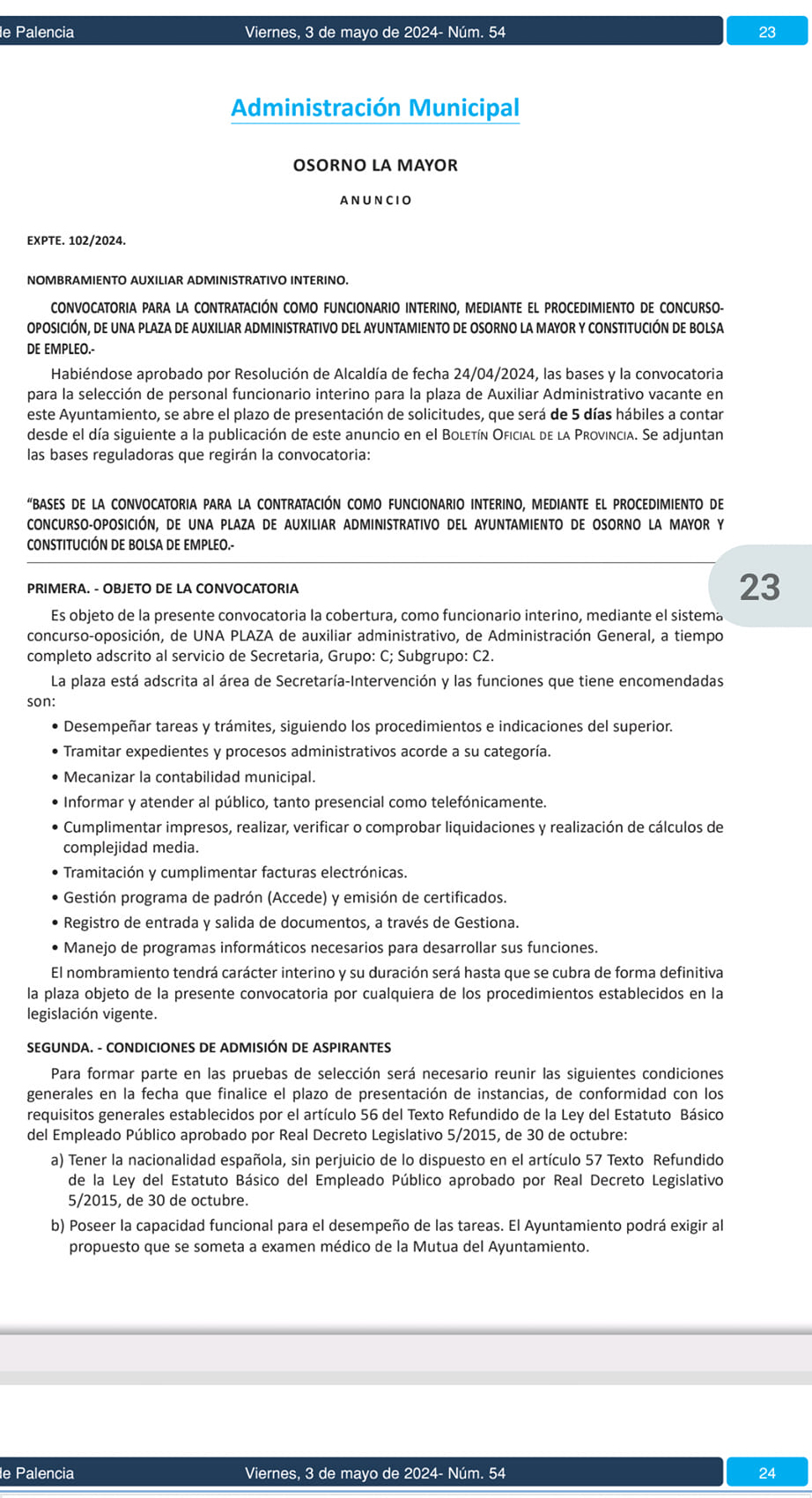 Lee más sobre el artículo Contratación como funcionari@ interino de una plaza de auxiliar administrativo del Ayuntamiento de Osorno la Mayor