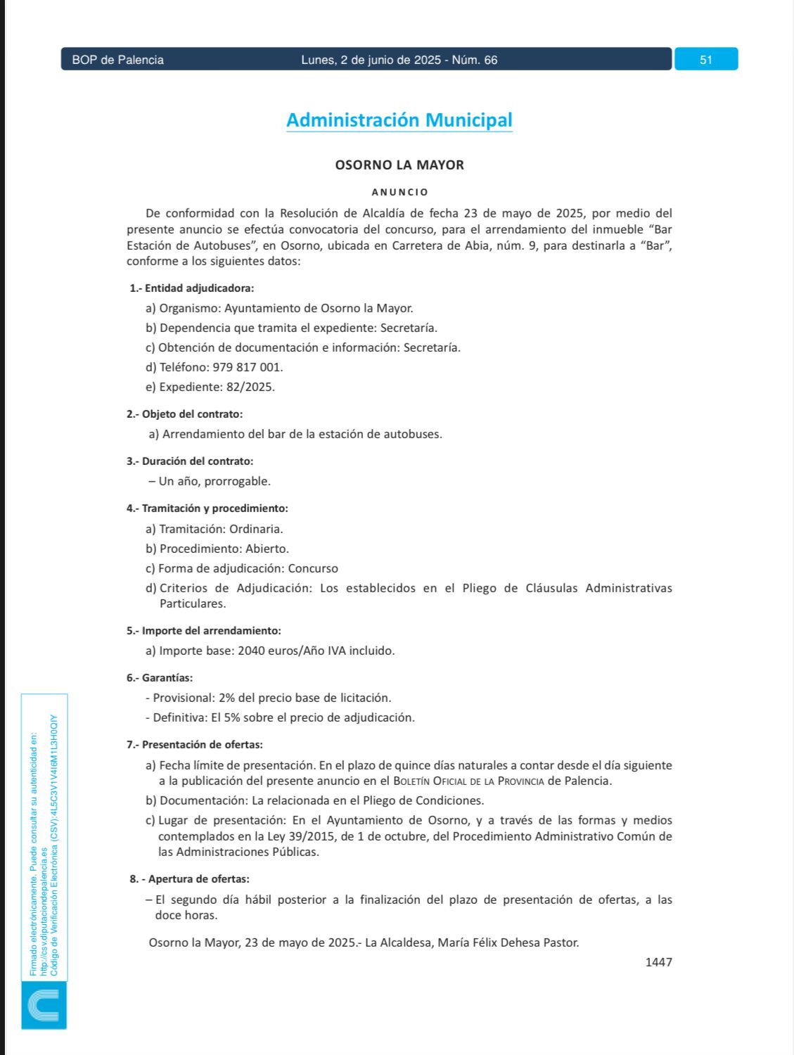 Lee más sobre el artículo Arrendamiento del inmueble: Bar de Estación de Autobúses